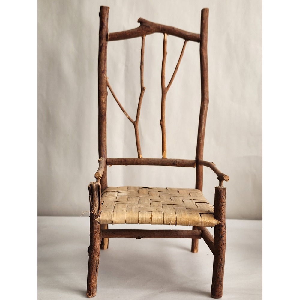 Vintage Primitive Twig Doll Chair 12" Handmade Folk Art Woven Seat Rustic Decor